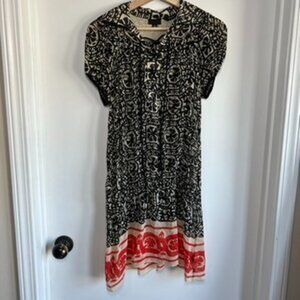 Anna Sui 100% Silk Sheer Black White Red Pattern Lace Up Mini Dress, Size Small